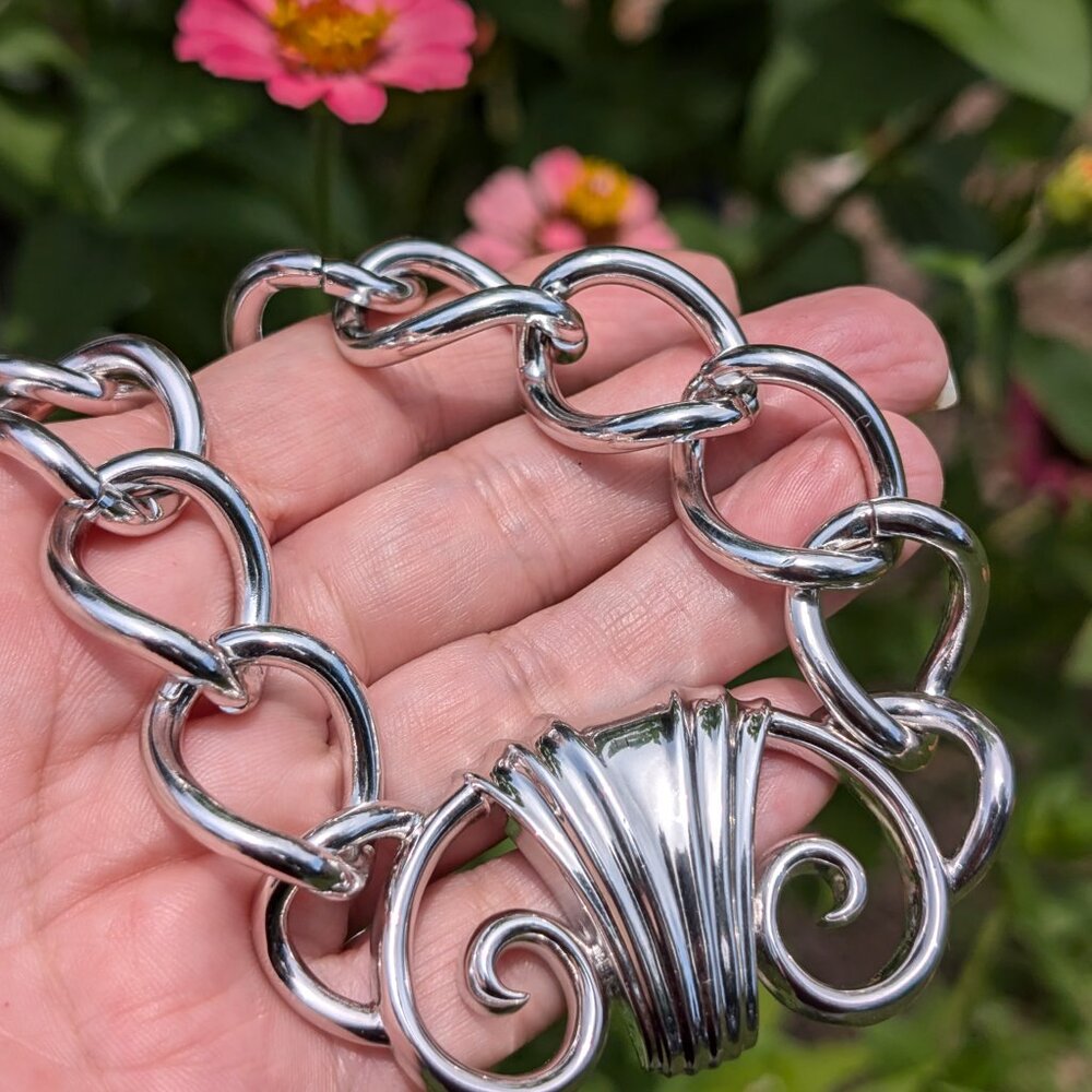 RARE Vintage 80s Designer Signed Chunky Silver Tone Link Chain Statement Necklac